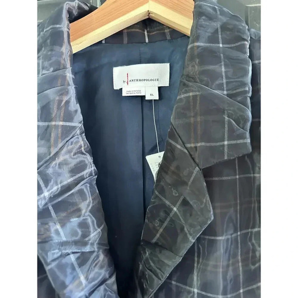 NWT By Anthropologie Women's Navy Plaid Pattern Tulle Overlay Blazer Size XL - Picture 4 of 7